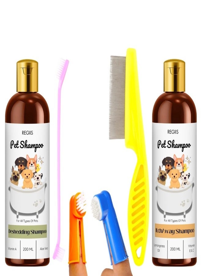 مجموعة شامبو ريجيس للحيوانات الأليفة، تركيبة لإزالة الشعر الزائد والحكة، 200 مل لكل عبوة، مع فرش للعناية بالكلاب، خلاصة الصبار وفيتامين أ - Image 1